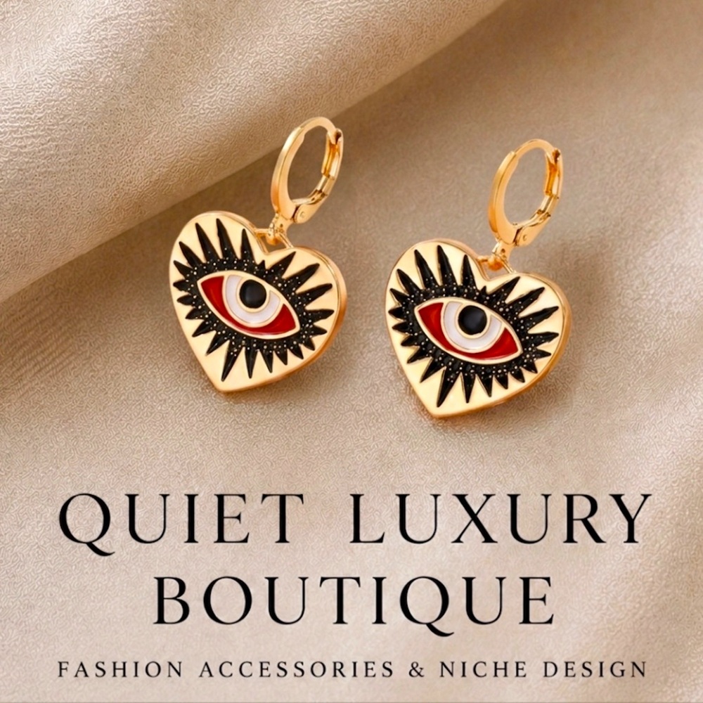 ✨ NEW Gold Heart Eye Dangle Hypoallergenic Earrings with Red & Black Enamel